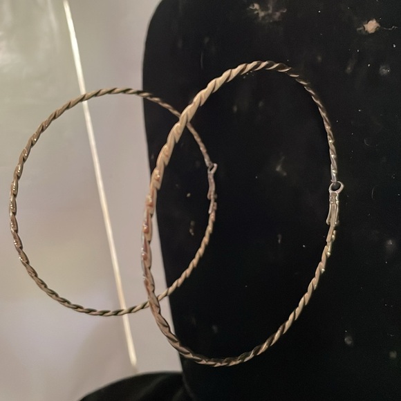 4” gold tone diamond etched open hoop earrings with latch back closures - Picture 5 of 14